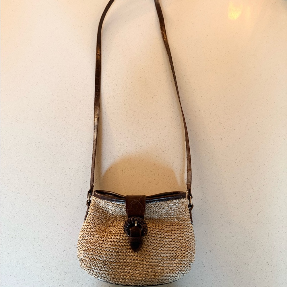Vintage Woven Straw Shoulder Bag Brown Croc Trim | Crossbody Purse
